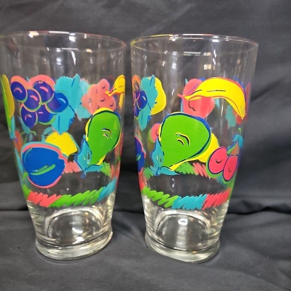 Oversized Fruit Decorated Drinking Glasses Unsigned Used Vintage